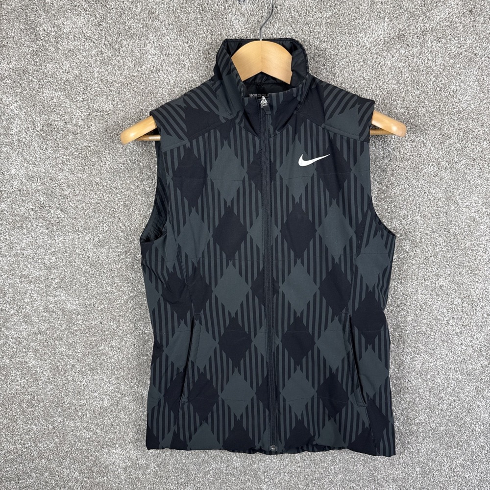 Nike Golf Sport Women Small Puffer Vest Coat Gray Black Jacket Diamond Graphic